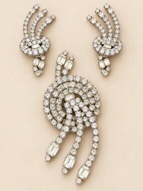 Vintage Clear Rhinestone Swirl Brooch & Clip-On Earrings Set